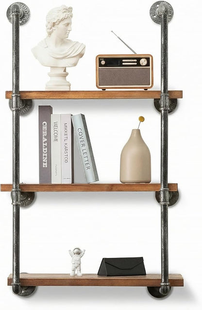 Industrial Wall Mounted Iron Floating Pipe Wood Shelves/Shelving/Racks/Storage/Bookcases/Brackets, DIY Open Bookshelves/Shelving for Kitchen/Office, Retro Black, Brown