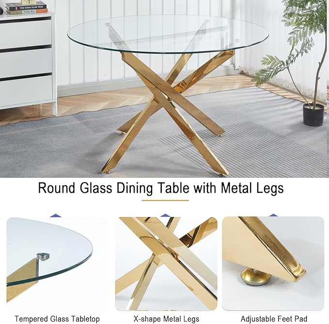 Henf 47.24" Glass Round Dining Table with X-Shape Metal Legs, Gold Kitchen Table for 4-6 People, Round Glass Dining Room Table for Small Space, Easy Assembly Circular Side Desk