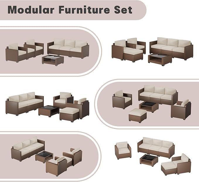 Patio Furniture Set, 7-Piece Outdoor Sectional Couch with Coffee Table & Thick Cushions, Outdoor Wicker Conversation Set for Backyard, Poolside, Garden (Brown-White, 7 Piece-Double)
