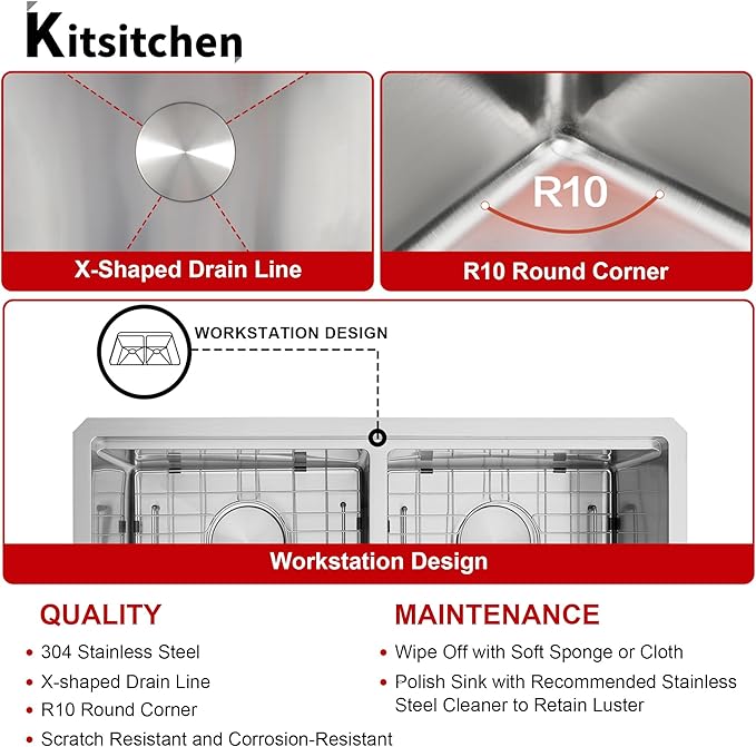 Kitsitchen Undermount Kitchen Sink, 16 Gauge T-304S Stainless Steel Workstation Sink, 50/50 Double Kitchen Sinks, 30" x 18" x 10" Large and Deep Handmade Kitchen Sinks with Accessories