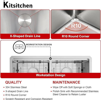 Kitsitchen Undermount Kitchen Sink, 16 Gauge T-304S Stainless Steel Workstation Sink, 50/50 Double Kitchen Sinks, 30" x 18" x 10" Large and Deep Handmade Kitchen Sinks with Accessories