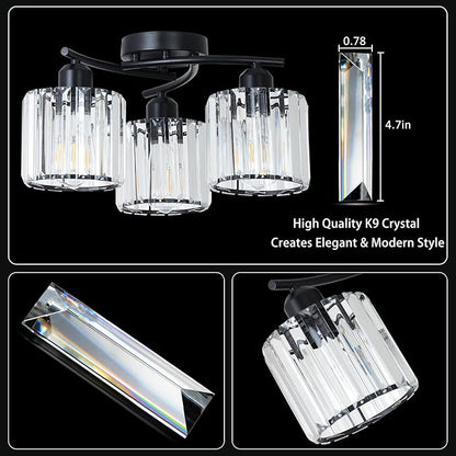 Crystal Semi Flush Mount Ceiling Light,3-Light Black Close to Ceiling Light Fixtures,Kitchen Light Fixture with Clear Crystal Shades,Hallway Light Fixtures for Kitchen Entryway Bedroom Bathroom