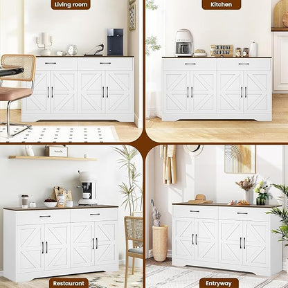 Sideboard Buffet Cabinet with Storage, 55.1" Large Kitchen Storage Sideboard with Drawers & Doors, Modern Wood Farmhouse Coffee Bar Cabinet, Buffet Table for Kitchen, Living Room, White, 55.1INCH