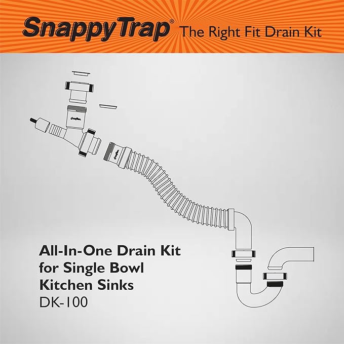 Snappy Trap Single Kitchen Sink Drain Kit, 1-1/2" with Flexible P-Trap, All-in-One Drain Kit for Single Bowl Kitchen Sinks, Universal Compatibility, No-Tool Easy Installation (DK-100 Silver)