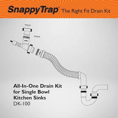 Snappy Trap Single Kitchen Sink Drain Kit, 1-1/2" with Flexible P-Trap, All-in-One Drain Kit for Single Bowl Kitchen Sinks, Universal Compatibility, No-Tool Easy Installation (DK-100 Silver)