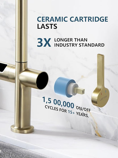 Lefton Touchless Pull-Out Kitchen Faucet, Hands Free Motion Sensor Activated, Battery-Free Temperature Display, KF2206 (Contemporary, Brushed Gold)