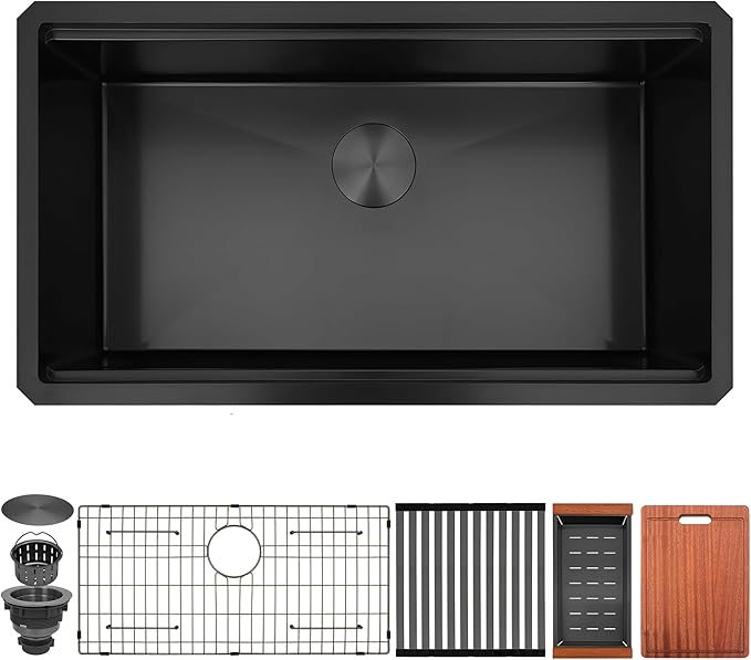 Black Undermount Kitchen Sink, 16 Gauge 304S Stainless Steel Workstation Sink with Full Set Accessories, 32" x 18" x 10" Large and Deep Single Bowl Kitchen Sinks