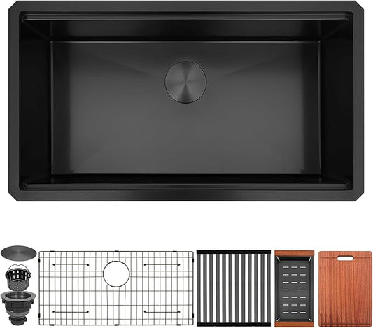 Black Undermount Kitchen Sink, 16 Gauge 304S Stainless Steel Workstation Sink with Full Set Accessories, 32" x 18" x 10" Large and Deep Single Bowl Kitchen Sinks