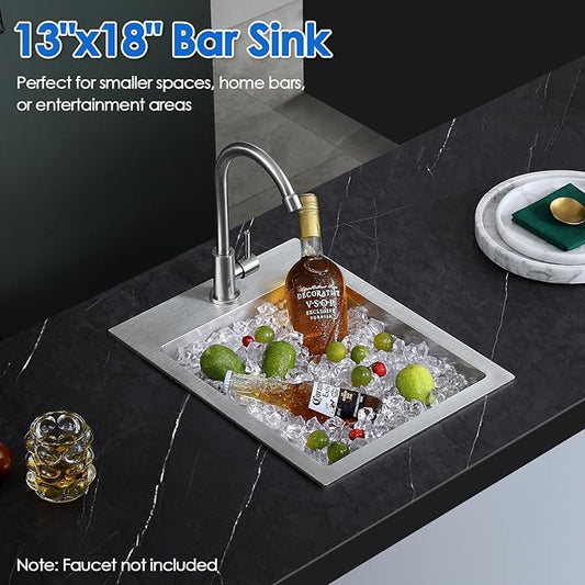 ROVOGO 13 x 18 Inch Drop-In Bar Sink, 304 Stainless Steel Single Bowl Kitchen Prep Sink with Faucet Hole, 6-Inch Depth Small Sink for RV, Basement & Wet Bar, Includes Drain Assembly - Brushed Finish
