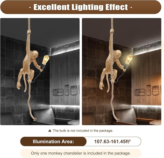 Creative Monkey Hanging Lamp, Monkey Shape Decoration Chandelier, Industrial Retro Edison Ceiling Pendant Light Fixture E26 for Dining Living Room Bedroom Bar Cafe-Gold