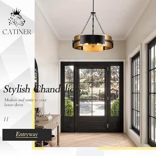 CATINER Modern Chandelier 24" Black Gold Industrial Drum Light Fixture 6-Light Metal Hanging Chandelier for Living Dining Room Foyer Entryway Kitchen
