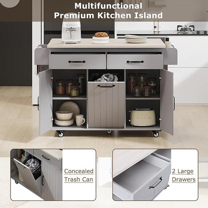 51.06" Mobile Kitchen Drop Leaf and Multipurpose Tilt-out Trash Can,Storage Cabinet w/Spice, Towel Rack & Drawer & Adjustable Shelf,Rolling Islands on Wheels,Grey, 50.25"