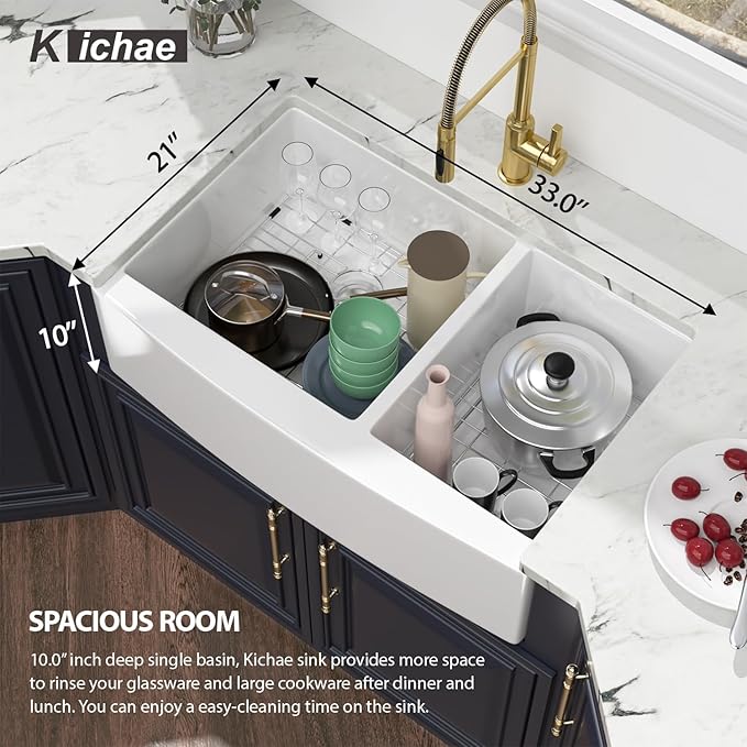 Kichae 33 White Farmhouse Sink Double Bowl - Kichae 33x21 Inch Kitchen Sink Apron Front Fireclay Ceramic Porcelain White Double Basin 60/40 Kitchen Sink
