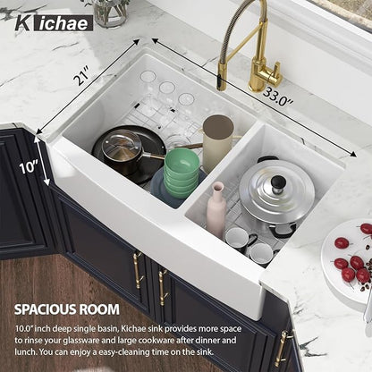 Kichae 33 White Farmhouse Sink Double Bowl - Kichae 33x21 Inch Kitchen Sink Apron Front Fireclay Ceramic Porcelain White Double Basin 60/40 Kitchen Sink