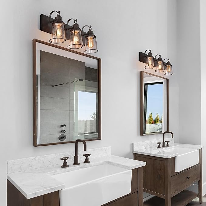 LALUZ Farmhouse Rusty Bathroom Light Fixtures, 3-Light Vanity Lights with Seeded Glass Shade Over Mirror