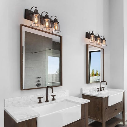 LALUZ Farmhouse Rusty Bathroom Light Fixtures, 3-Light Vanity Lights with Seeded Glass Shade Over Mirror