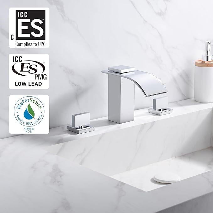 sumerain Waterfall 8 Inch Widespread Bathroom Sink Faucet 3 Hole Chrome Finish