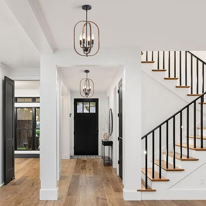 XINGQI Small Chandeliers for Dining Room, 12.2" Modern Farmhouse Pendant Lighting Fixture Rustic Metal 4-Light Black and Wood Grain Finish for Entryway Bedroom Hallway Foyer Kitchen Office Bar