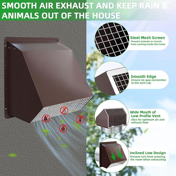 10 Inch Hooded Wall Vent with Screen and Damper, Outdoor Wall Exhaust Vent Cover Cap for Kitchen Range Hood Dryer Exterior Ventilation and Outside Air Exhaust, Galvanized Steel, Brown