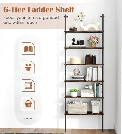 Giantex 6-Tier Ladder Shelf, 72" Wall Mounted Bookshelf with Metal Frame, Industrial Open Storage Shelves, Wooden Bookcase Display Rack for Living Room, Home Office, Bedroom,Rustic Brown