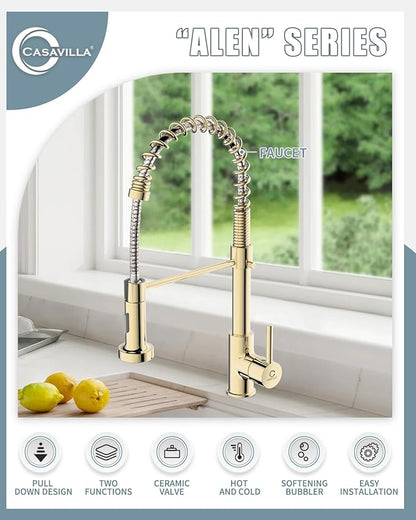 Kitchen Faucet, Commercial Kitchen Sink Faucets with Pull Down Sprayer, Stainless Steel Faucets for Kitchen Sinks, Dual Function Spray Head, Single Handle Spring Kitchen Faucets -Gold