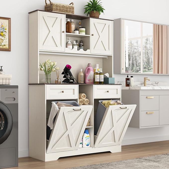 71" Tall 47"Wide Kitchen Pantry Storage Cabinet with Power Outlets,Farmhouse Kitchen Double Tilt Out Trash Cabinet 10X2 Gallon Garbage Holder with Two Drawers,Freestand Laundry Sort Cabinets(White)