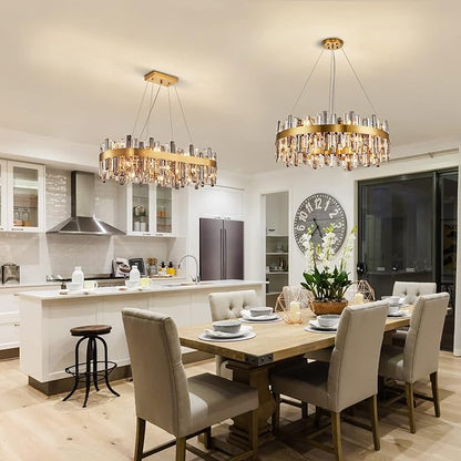 Siljoy Modern Crystal Chandelier, 16-Light Luxury Brass Gold 2-Tiers K9 Crystal Raindrop Chandelier Dimmable Crystal Pendant Ceiling Light for Dining Living Room Kitchen Island Entry Foyer D31.5''