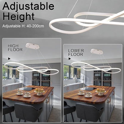 Led Chandeliers for Dining Room,Modern Led Pendant Light Fixture, Dimmable Adjustable Height Music Note Shape Hanging Lamp with Remote Control White Iron Ceiling Light Fixture for Kitchen Island