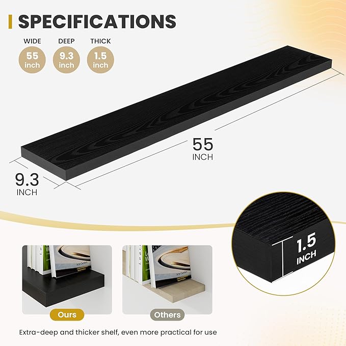 Acovy 55 Inch Floating Shelves, 9.3" Deep Floating Shelf Wall Mounted, 56" Wall Shelves, Rustic Deep Bookshelf, Large Display Shelves & Storage Shelves for Bedroom, Living Room, Black, Set of 1