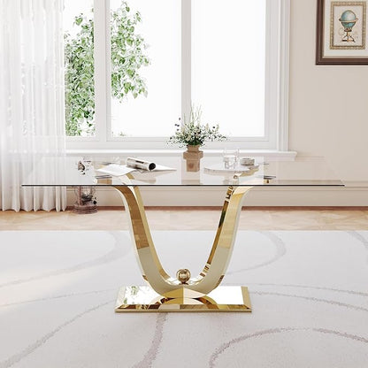70inch Glass Dining Table for 4 6, Luxury Glass Kitchen Dining Room Table with Gold Mirrored Steel Base,Modern Large Rectangle Tempered Glass Top Dinner Tables for Kitchen, Dining Room