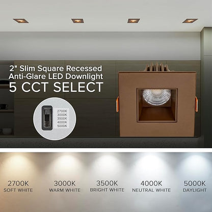 Maxxima 2 in. Ultra-Thin Recessed Anti-Glare LED Downlight - Canless IC Rated, 550 Lumens, 5 Color Temperature Selectable 2700K/3000K/3500K/4000K/5000K, Dimmable Square Bronze Trim, 90 CRI