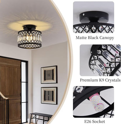 GreeLustr Crystal Black Ceiling Light Fixture, Modern Semi Flush Mount Ceiling Light, Round Hallway Chandelier Lighting for Foyer Bedroom Entryway Laundry Room, 1-Light, E26 (Bulb not Included)