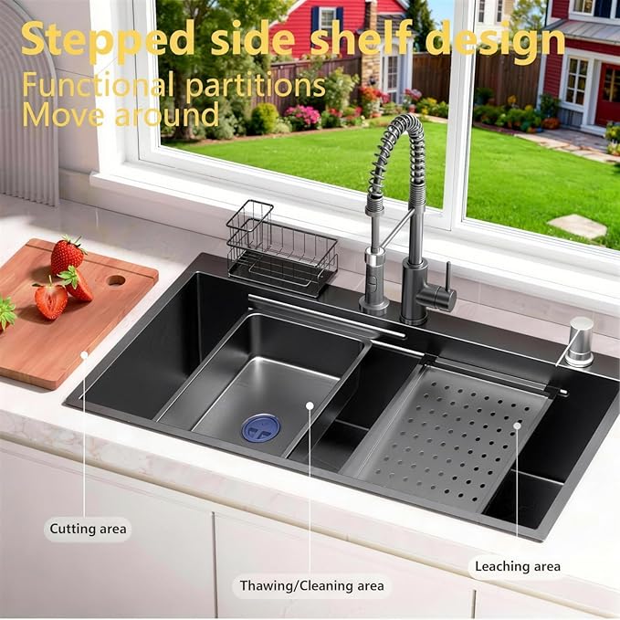 32x19 Black Drop-in Kitchen Sink: Deep Single Bowl Stainless Steel Workstation with Faucet & Accessories Combo for Family Kitchen—Scratch Resistant & Noise Reducing
