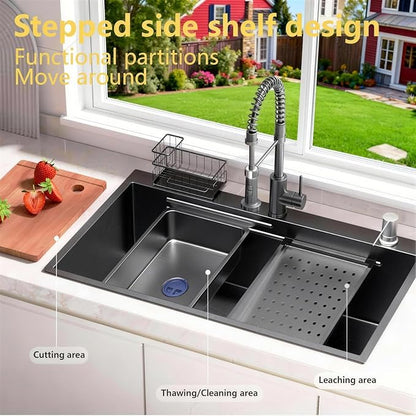 32x19 Black Drop-in Kitchen Sink: Deep Single Bowl Stainless Steel Workstation with Faucet & Accessories Combo for Family Kitchen—Scratch Resistant & Noise Reducing
