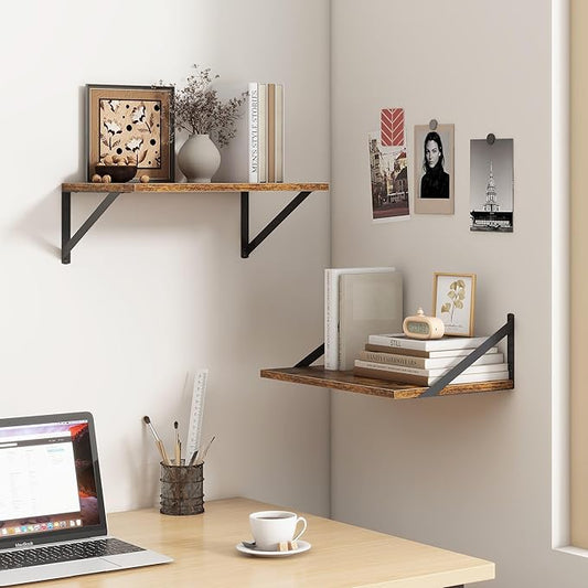 18"W x12"D Floating Shelves, Farmhouse Wall Shelves Home Decor Shelf, Deep Bathroom Shelf with Bracket, 12 Inch Deep Wall Shelves for Living Room, Kitchen, Bedroom, Rustic Brown, Set of 2
