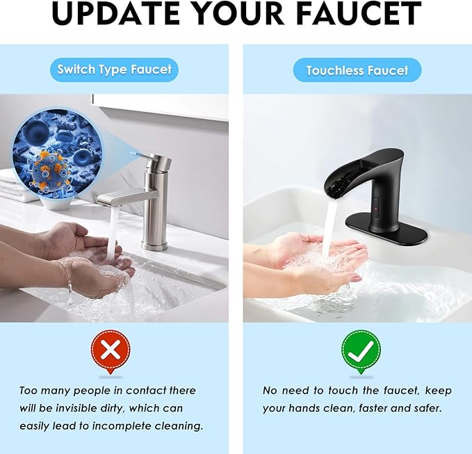 Automatic Sensor Touchless Waterfall Bathroom Sink Faucet, Modern Electronic Sensor Lavatory Faucet, Matte Black Hands Free Vanity Faucets with Control Box and Temperature Mixer