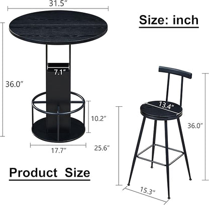 SOFTSEA 3 Pieces Round Bar Height Table and Chairs Set, Round Dining Table Set with Storage, Wood Pub Table and Chairs for Small Space, Black
