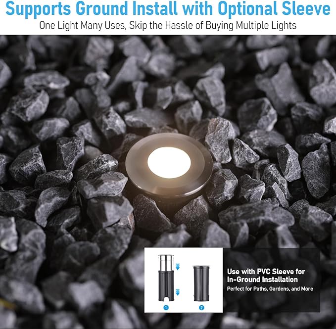 LEONLITE 12-Pack Recessed Low Voltage LED Deck Light with Flat Round Aperture, 1-Inch 12-24V AC/DC Landscape Step Stair Light, CRI90 IP67 Waterproof, Stainless Steel Housing, 3000K Warm White, Silver