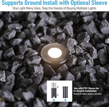 LEONLITE 12-Pack Recessed Low Voltage LED Deck Light with Flat Round Aperture, 1-Inch 12-24V AC/DC Landscape Step Stair Light, CRI90 IP67 Waterproof, Stainless Steel Housing, 3000K Warm White, Silver