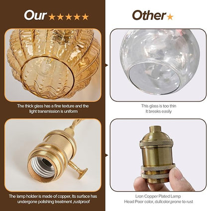 Amber Glass Pendant Light Fixtures,Vintage Antique Champagne Gold Pendant Lights Mid Century Modern Pendant Lights Suitable for Kitchen Island Dining Table Bedroom Bathroom and Above the Sink