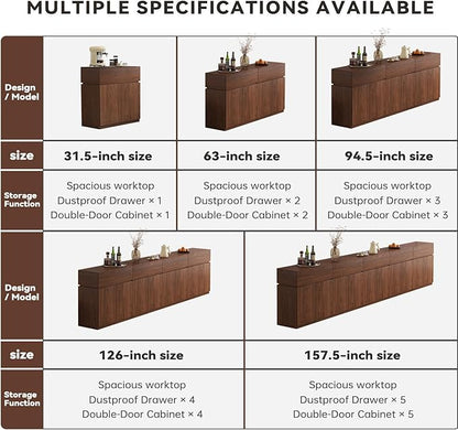 157.5" Buffet Cabinet with Drawers & Door, Console Table, Set of 5 Modular Stackable Sideboard Coffee Bar Cabinet with Adjustable Shelves, Matte Walnut Storage Accent Credenza for Living Room