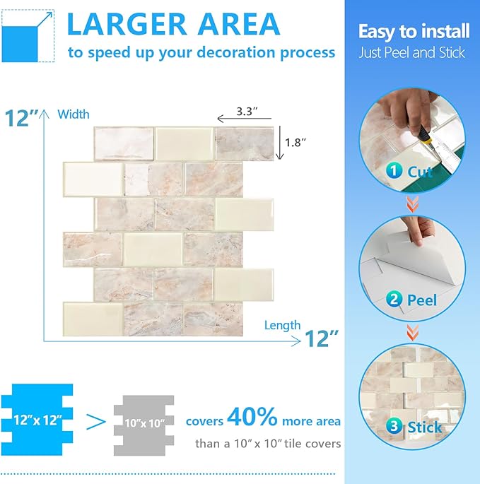 STICKGOO 10-Sheet Subway Tiles Peel and Stick Backsplash, Brown Marble Look Stick on Tiles Kitchen Backsplash (Thicker Design)