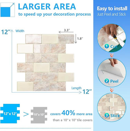STICKGOO 10-Sheet Subway Tiles Peel and Stick Backsplash, Brown Marble Look Stick on Tiles Kitchen Backsplash (Thicker Design)