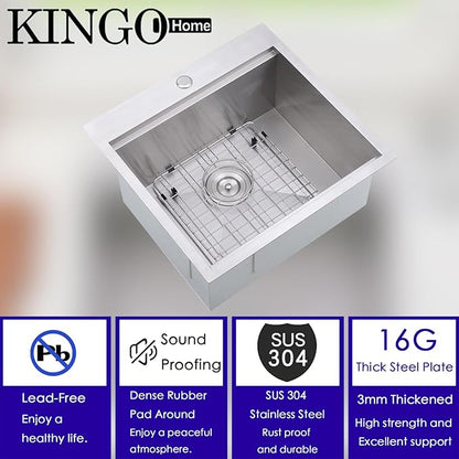 KINGO HOME Drop in Bar Sink,20 x 21 Inch Single Bowl Small Kitchen Sinks,304 Stainless Steel Topmount Wet Bar Prep Sink With Grid&Drainer&Cutting Board