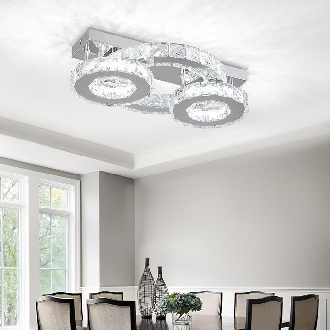 Dimmable Crystal Chandelier Modern Crystal Ceiling Light 3 Rings LED Flush Mount Celiling Light Fixture for Dining Room Bedroom Living Room