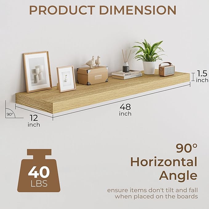 RICHFOCUS Deep Floating Shelves for Wall 2 Pack 12" D 48 Inch Wall Shelves for Room Wall|Wood Hanging Shelf with Invisible Brackets for Bathroom Bedroom Kitchen Laundry Room, Oak