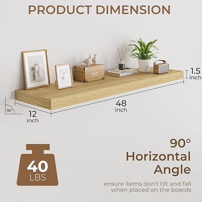RICHFOCUS Deep Floating Shelves for Wall 2 Pack 12" D 48 Inch Wall Shelves for Room Wall|Wood Hanging Shelf with Invisible Brackets for Bathroom Bedroom Kitchen Laundry Room, Oak