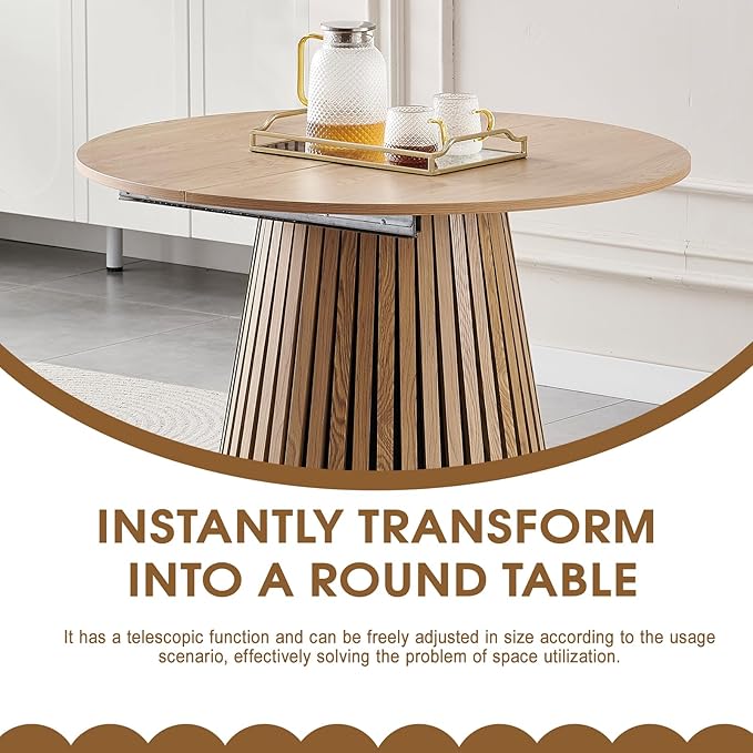 39.37-70.87 in Extendable Round Dining Table for 4 6 8, Modern Farmhouse Oval Dining Table with Removable Leaves & Solid Slatted Base, Wooden Expandable Dining Room Table for Kitchen Living Room