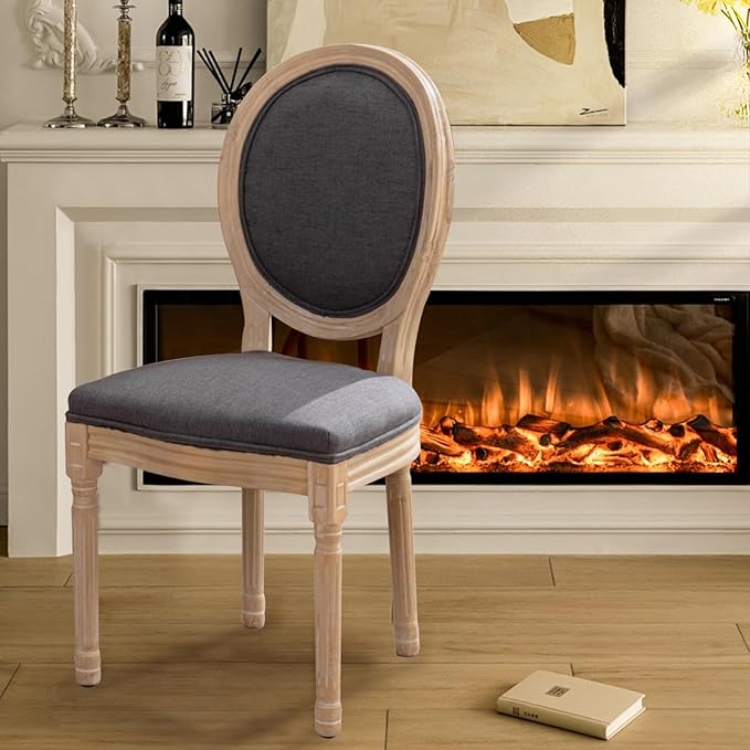 SoarFlash French Dining Chairs Set of 4, Vantage Linen Dining Chair with Round Back, Farmhouse Country Dining Chair for Living Room,Kitchen,Restaurant,Deep Grey