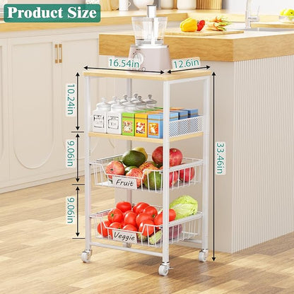 Giwil Vegetable Fruit Basket for Kitchen Pantry Organizers Storage, 4-Tier Utility Rolling Cart on Wheels with Wood Rack and Drawer Wire Baskets for Onions Potatoes Snacks, White